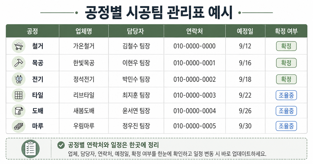 공정별 시공팀 관리표 예시